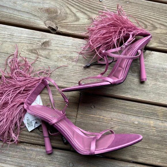 ZARA Mauve Pink Satin Feather Embellished High Stiletto Heel Strappy Sandals 40 - Picture 7 of 11